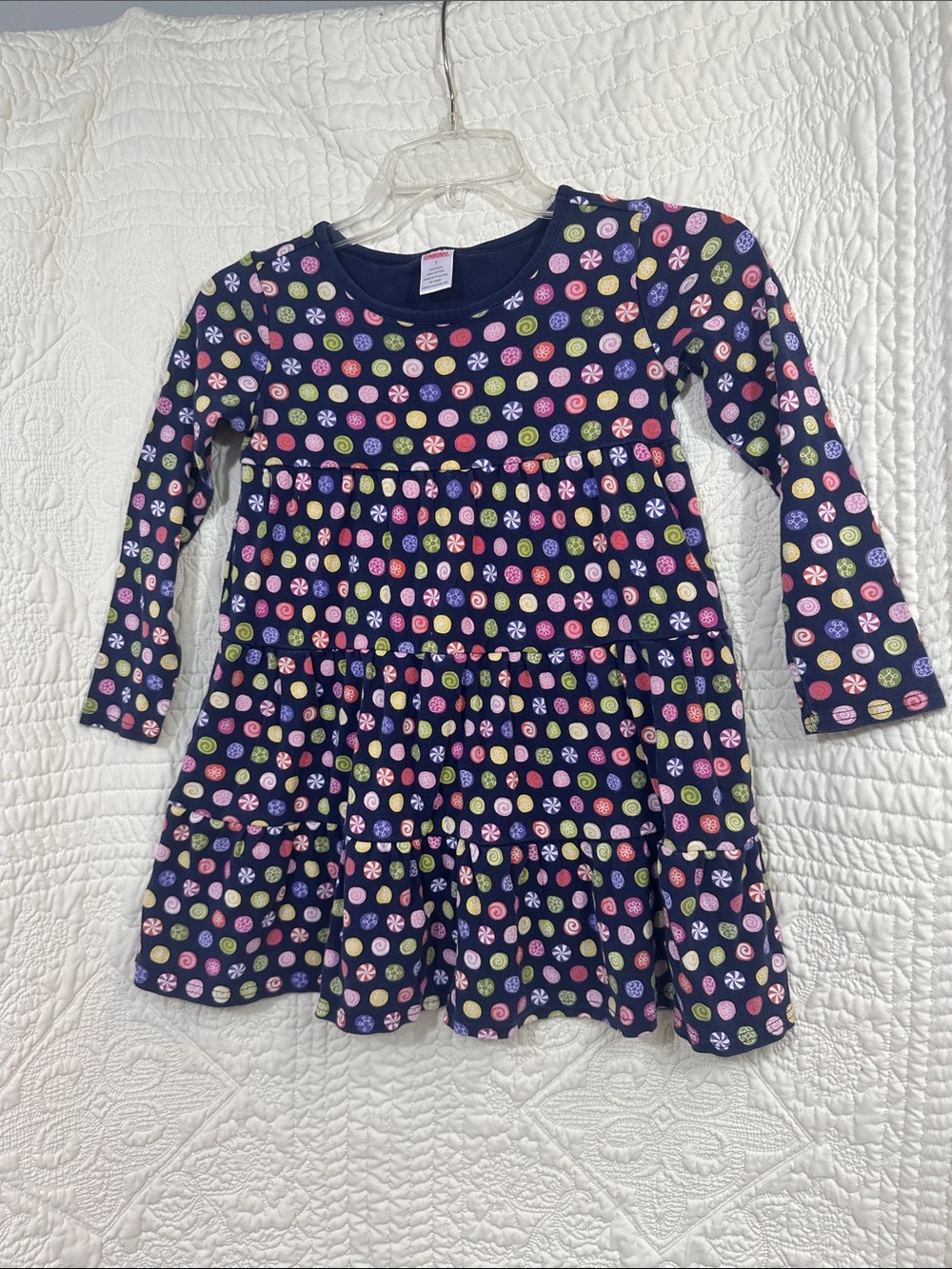 Gymboree Girls Navy Long-Sleeve Tiered Dress with Colorful Dot Candy Print Sz 7